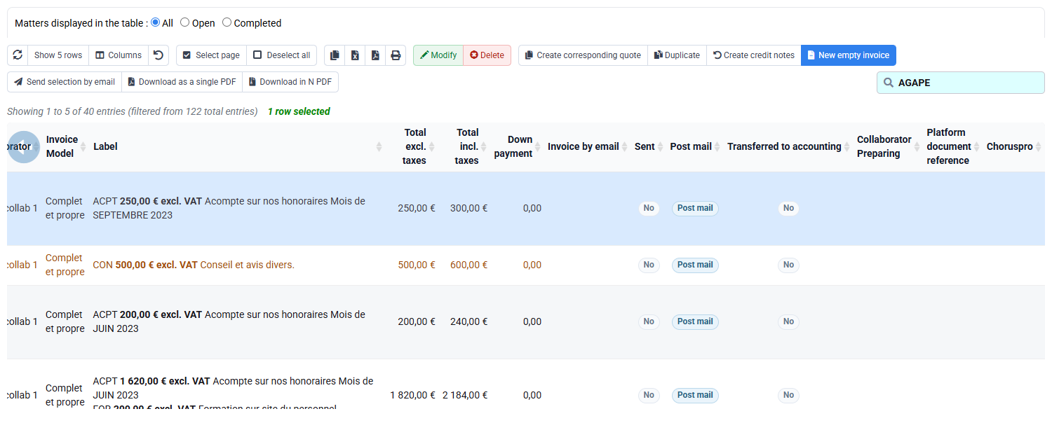 Issued-invoice journal filtered to the selected company, period and invoice