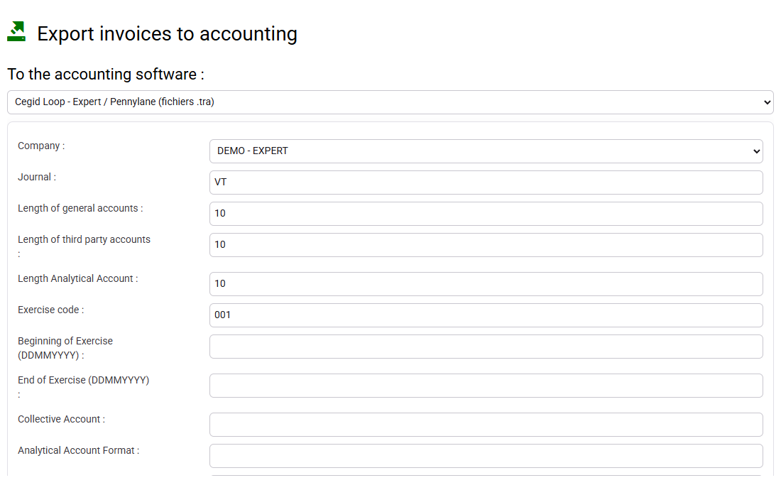 Accounting export for the selected invoice