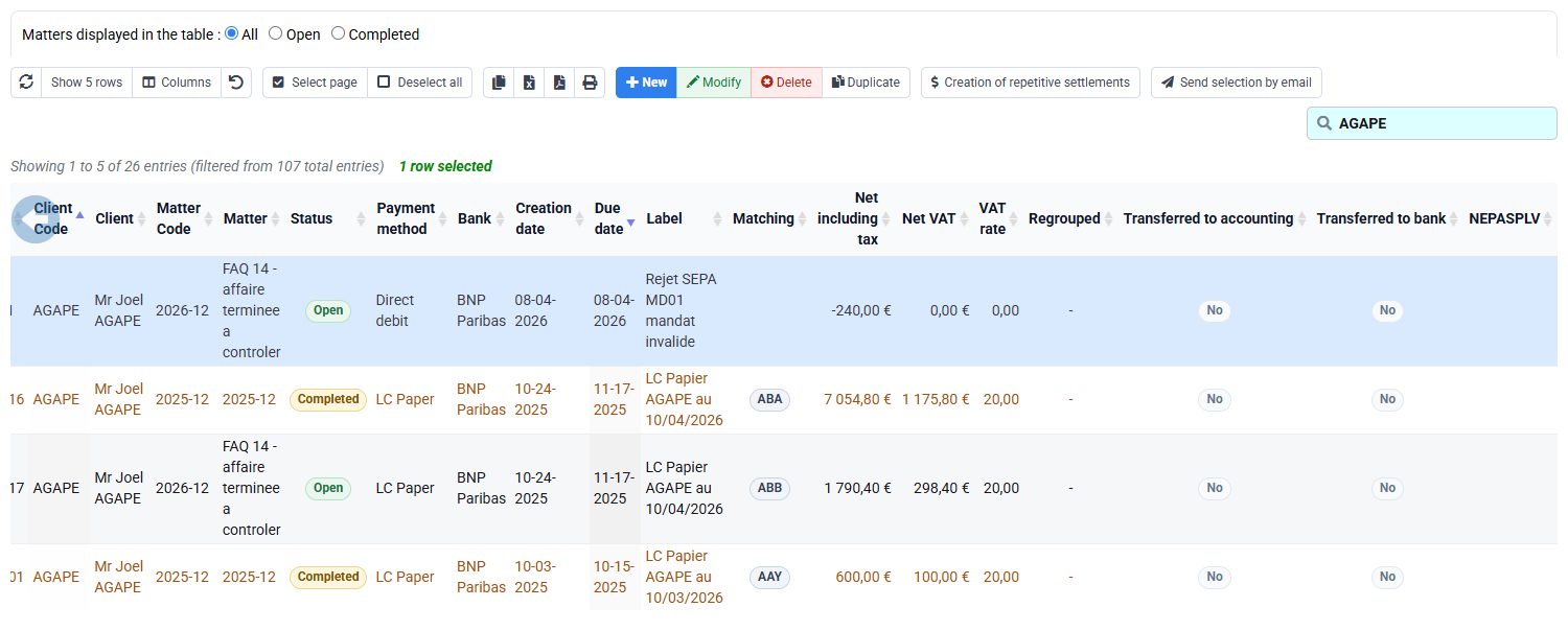 Payment and matching for the selected invoice