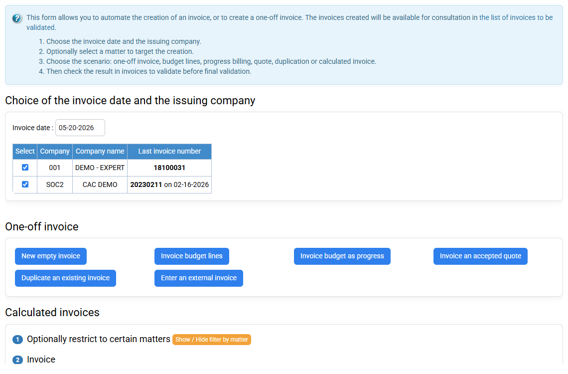 Limit invoice preparation to the selected company, date and matter.