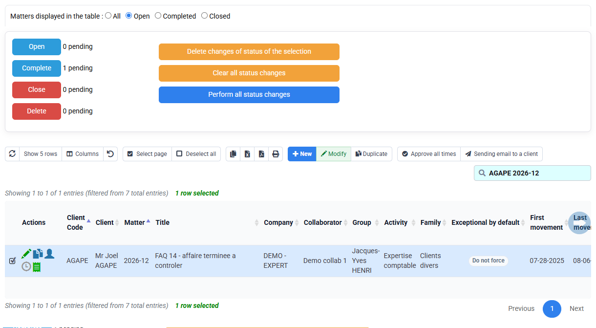 Prepare the new state for the selected matter only and review pending changes.