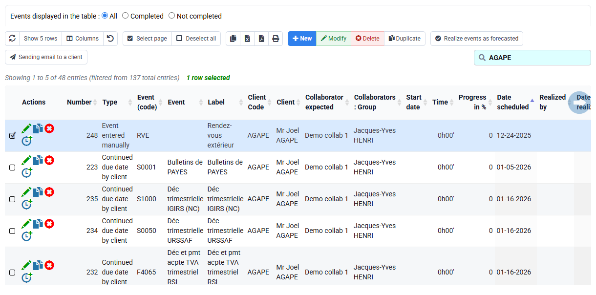 Filter the matter and record every unfinished event, its date and its owner.