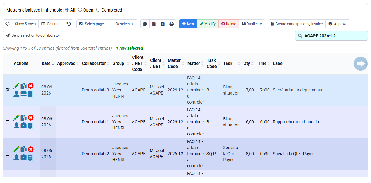 Filter the matter and period, then check task, duration, quantity and billing state.